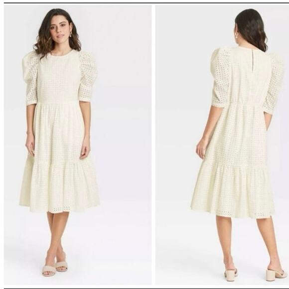 A New Day White Eyelet Summer Dress Tiered Puff Sleeve XL Fairy Romantic Wedding - Picture 2 of 11
